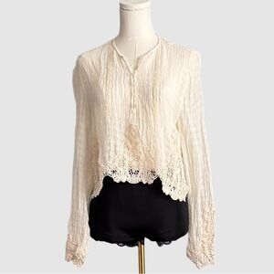 Zara Beige Long Sleeve Blouse with Lace detailed Size Medium